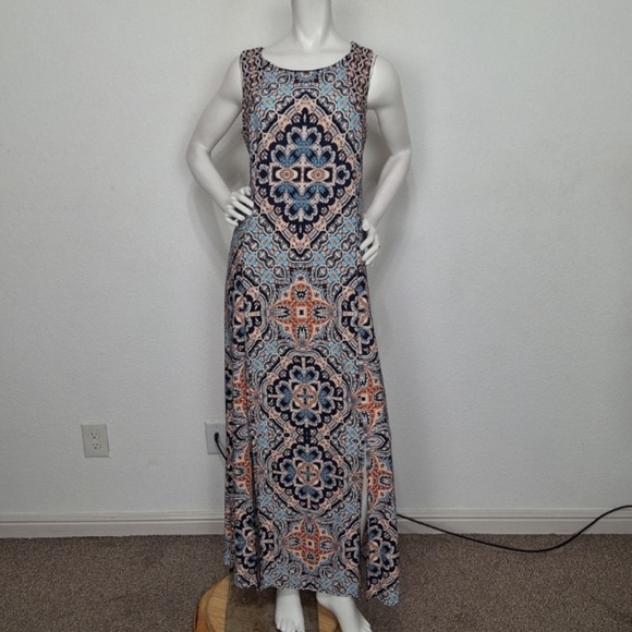 Chicos Navy Blue Orange Patterned Bohemian Retro Festival Boho Maxi Dress Size M - Picture 1 of 13